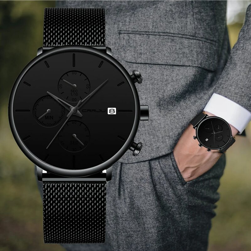 Crrju relógio masculino de luxo, novo minimalista, clássico, multi-função, cronógrafo, impermeável, malha, relógio de pulso com exibição de data, 2020
