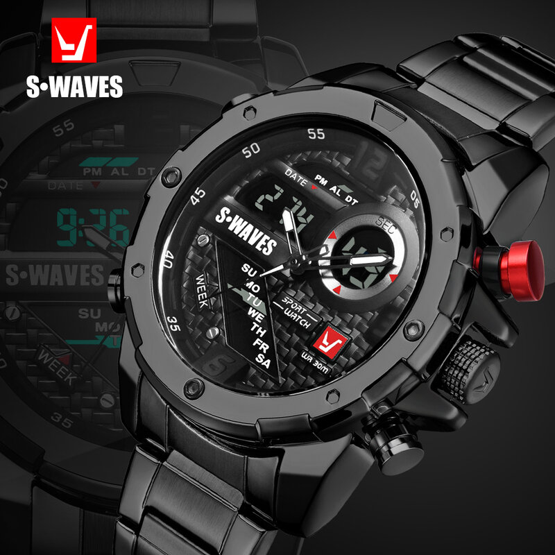 Swaves relógio digital de quartzo, relógio digital à prova d'água de marca com dupla tela, relógio grande de aço inoxidável para homens