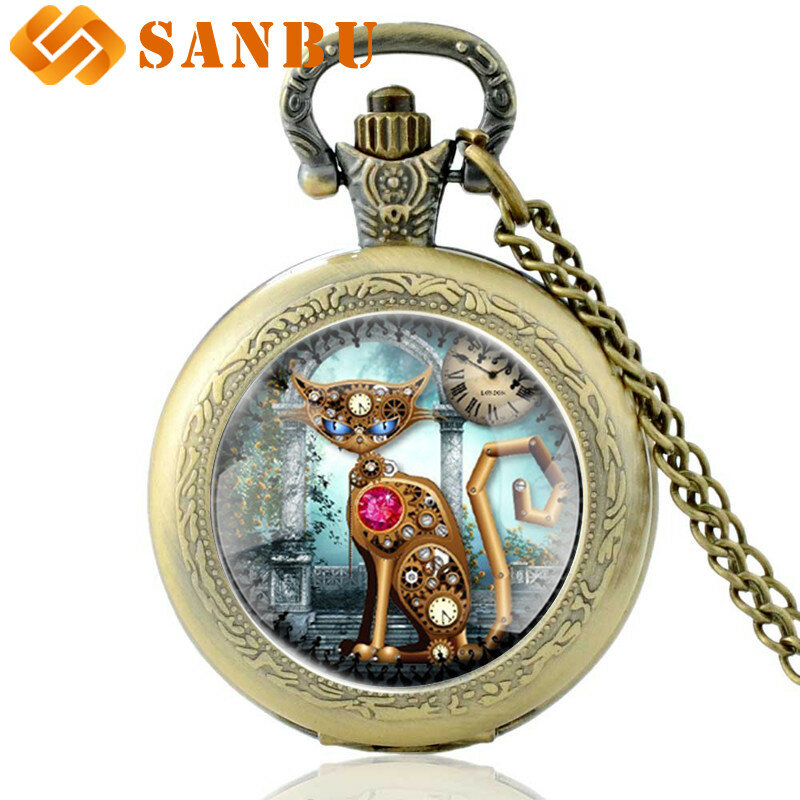 Vintage Steampunk kot zegarki kwarcowy zegarek kieszonkowy Retro brązowy mężczyźni kobiety Punk wisiorek naszyjnik zegarek