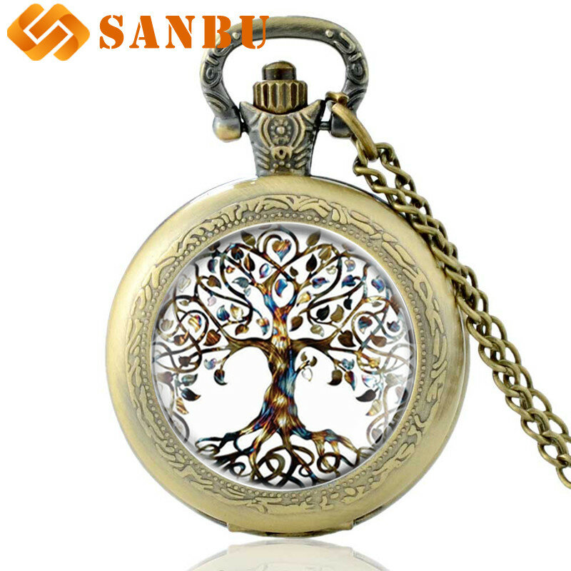Classic Chain Necklace Pocket Watch Featuring Tibetan-style Cabochon Glass Tree of Life Pendant Vintage Men Women Quartz Watch