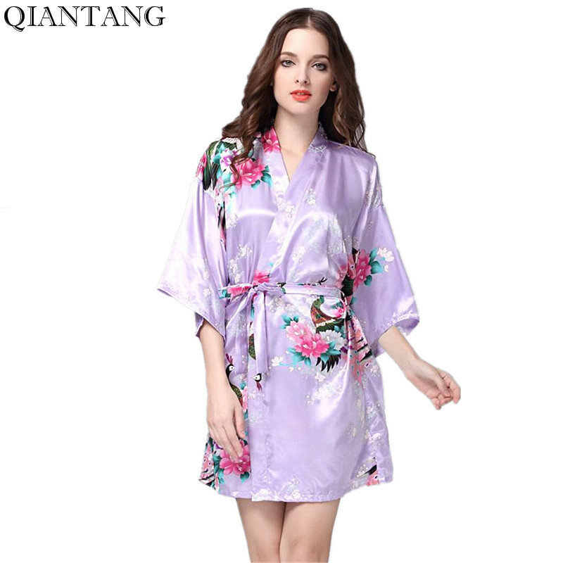 Granatowy damski szlafrok nocny Kimono żeński sztuczny jedwab szlafrok letni piżamy paw rozmiar S M L XL XXL XXXL Srj01