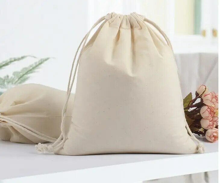 10 pz/lotto 10x14, 13x16, 17x23, 20x23cm ambientale 130G sacchetti di stoffa di cotone Fine sacchetti con coulisse imballaggio borsa stampa Logo