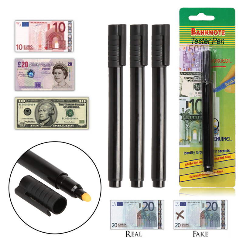 Bolígrafo portátil con forma de bolígrafo, comprobador de billetes de dinero a base de agua, Detector de falsificaciones, marcador de billetes de banco falsos, color negro, 1 o 3 unidades