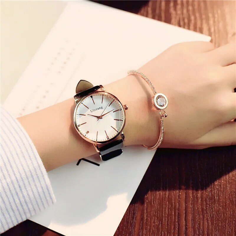 Relógio de pulso feminino ulzzang, relógio ponteiro ponteiro em couro pu branco, luxuoso na moda de quartzo