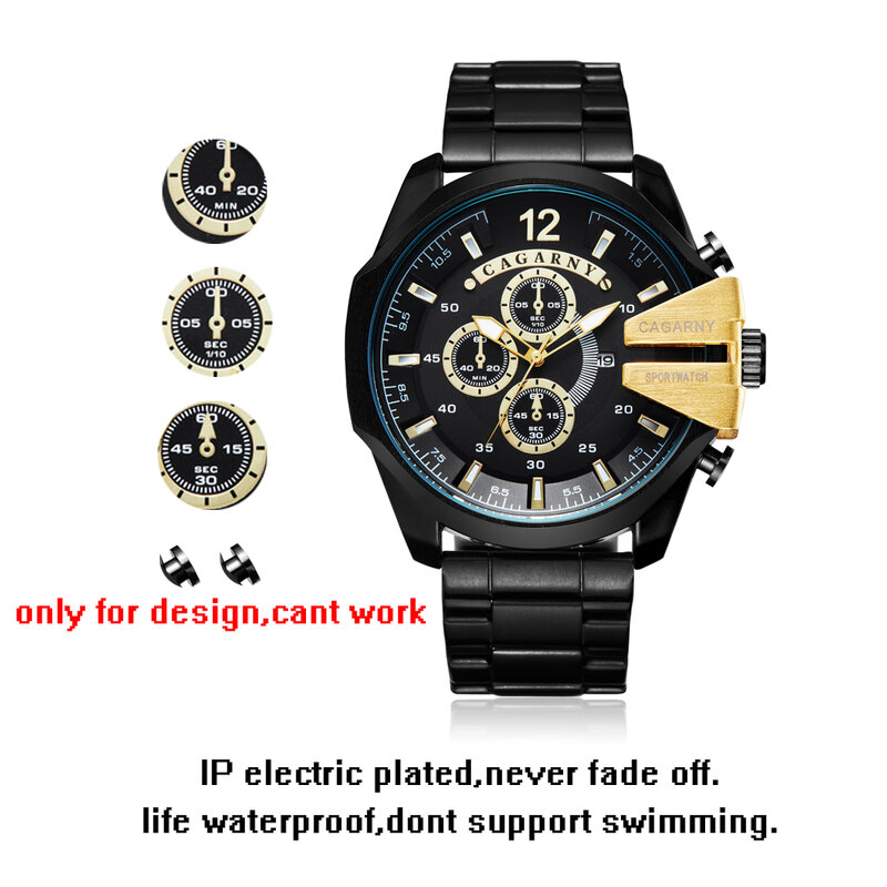 Cagarny-reloj de cuarzo deportivo para hombre, cronógrafo masculino de acero inoxidable, color dorado y negro, a la moda