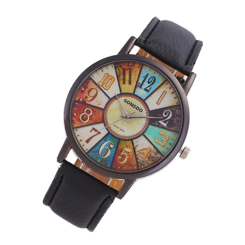 Reloj de pulsera de cuarzo analógico para hombre y mujer, cronógrafo clásico de estilo Retro Harajuku con diseño de grafiti, correa de cuero PU, Unisex