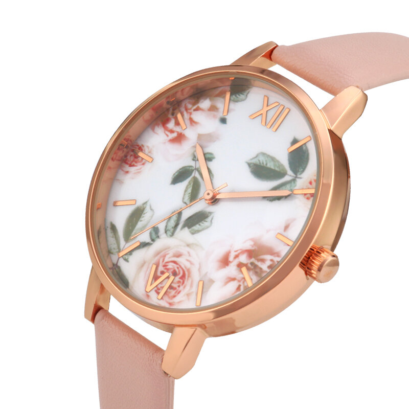 Relógio feminino com rosas e movimento japonês rosa fashion design para presente de casamento