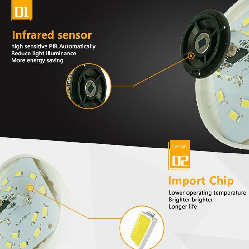 Lámpara LED con Sensor de movimiento PIR, 5w, 220v, bombilla Led 7w, 9w, 12w, Led inteligente, PIR, cuerpo infrarrojo, sonido + luz, E27