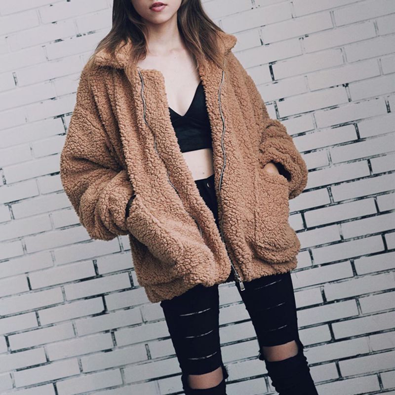 Elegant Faux Fur Coat ฤดูใบไม้ร่วงฤดูหนาว Warm Soft ซิปเสื้อขนสัตว์หญิง Plush เสื้อกันหนาวลำลองตุ๊กตา Outwear