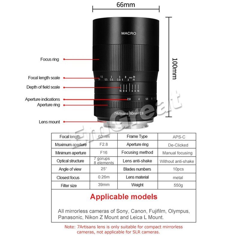 7artisans 60mm f2.8 1:1 Magnification Macro Lens for Sony E-mount Fuji M4/3 Mount Mirrorless Camera A6400 A6500 A6600 X-T30 XT-4