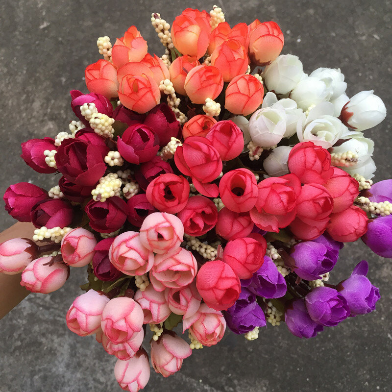 Flores artificiales de seda de colores para decoración del hogar, Mini rosas de 15 cabezas, ramo de rosas pequeñas para boda