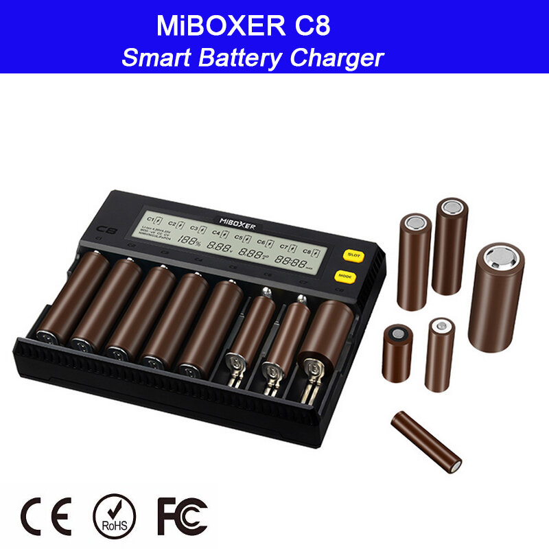Miboxer carregador de bateria c8 18650, carregador de bateria com tela lcd de 1,5a para li-ion lifepo4 ni-mh ni-cd aa 21700 20700 26650 17670 rcr123 18700
