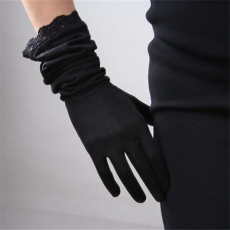 Натуральные шелковые женские перчатки, женские эластичные солнцезащитные черные кружевные шелковые вечерние рукавицы длиной 50 см с шелков...