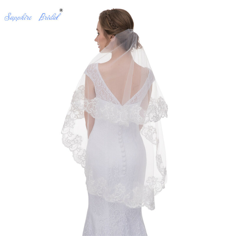 Sapphire Bruidssluier Bruiloft Accessoires Wit Ivoor-Layer Korte Bridal Veils Lace Edge Bridal Geen kam Bruiloft Sluier