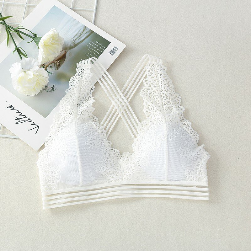 2020 Women Lace No Steel Ring Large V-neck Triangle Cup Anti-Exposure Bra Without Steel Ring Summer New Style  Padded Thin Bra