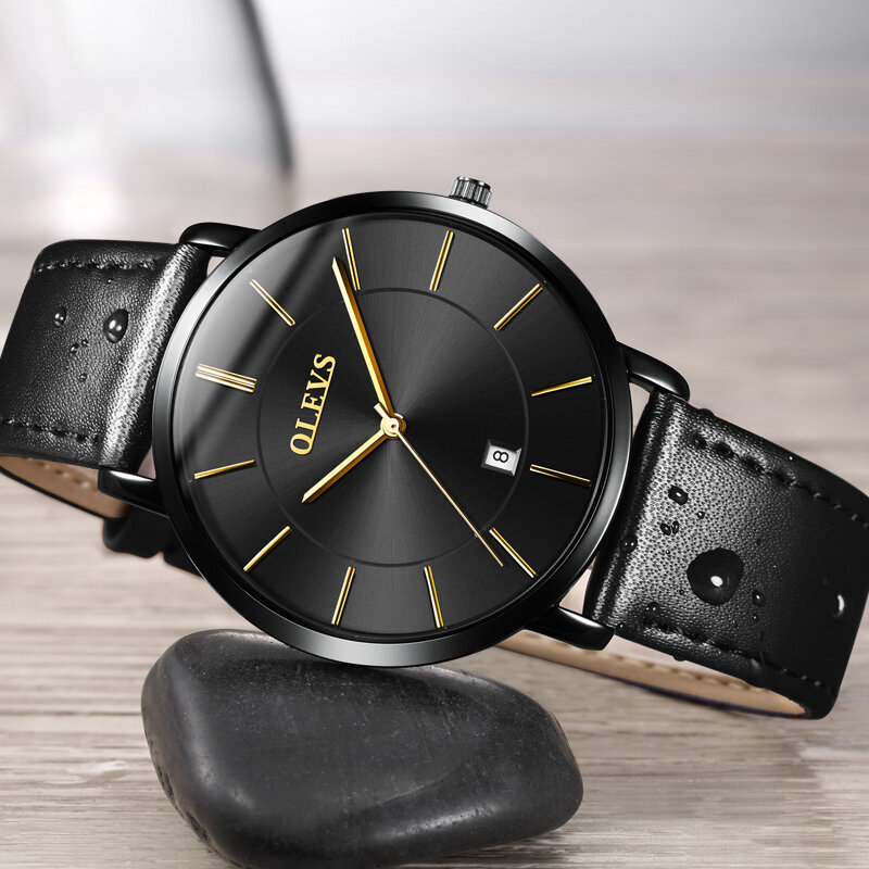 Relógio de pulso masculino ultrafino, casual, de couro preto, relógio masculino com data, quartzo, à prova d'água, montre homme