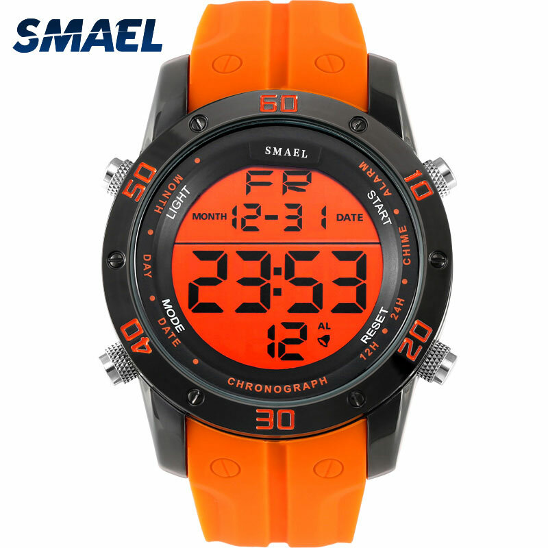 Relógio digital esportivo masculino laranja, relógio de pulso para homens, com data automática, à prova d'água, 1145