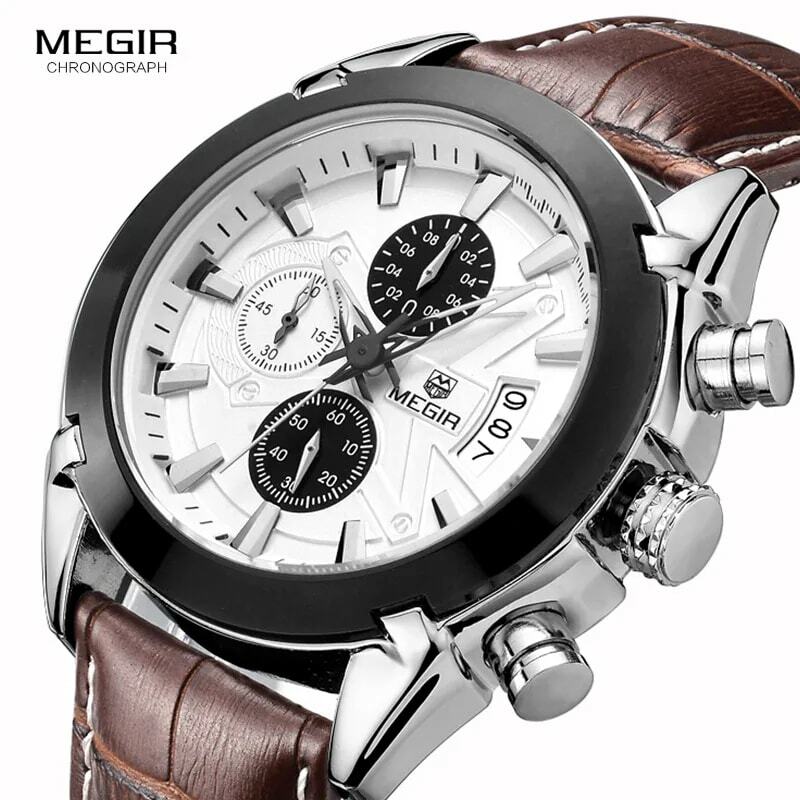 Relógio de quartzo masculino de couro estiloso megir esportivo cronógrafo militar relógios de pulsos para homens estilo militar 2020 frete grátis