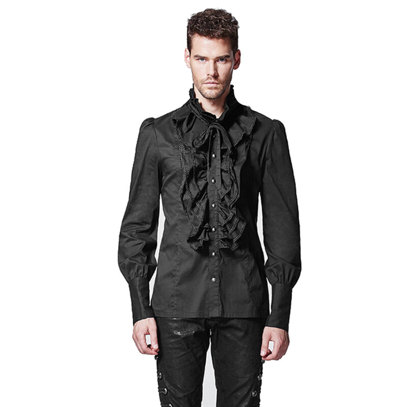 Blusas góticas steampunk masculinas, blusas pretas com babados, retrô, algodão vitoriano, camisas com colarinho, manga comprida, primavera