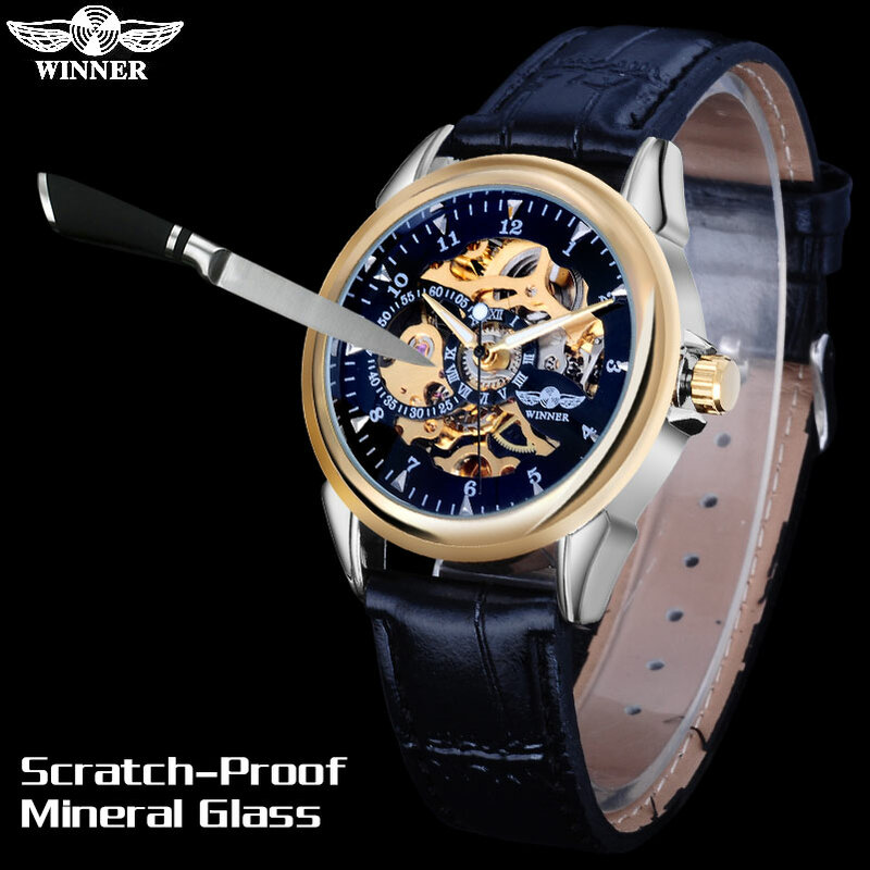 Winner relógio masculino e feminino, relógio mecânico de mão e vento, pulseira de couro pu, cobertura de vidro na cor preta dourada