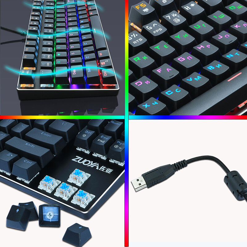 Teclado mecánico con cable para videojuegos, dispositivo con interruptor azul y rojo, 87key, RGB/ Mix, retroiluminado, USB, para PC y portátil