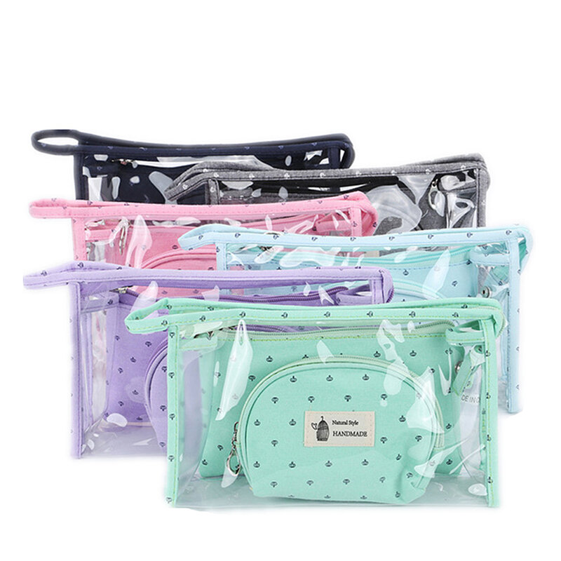 2019 nuevo 3 unids/set estilo coreano transparente bolsa de cosméticos de PVC lindo bolsa de maquillaje de viaje cremallera bolsa de viajes, organizador de bolsa de almacenamiento de