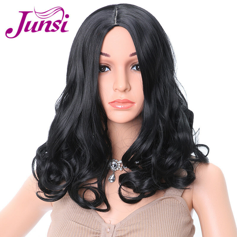 Junsi 12 인치 중간 물결 모양의 가발 여성을위한 블랙 합성 가발 여성의 자연 머리카락