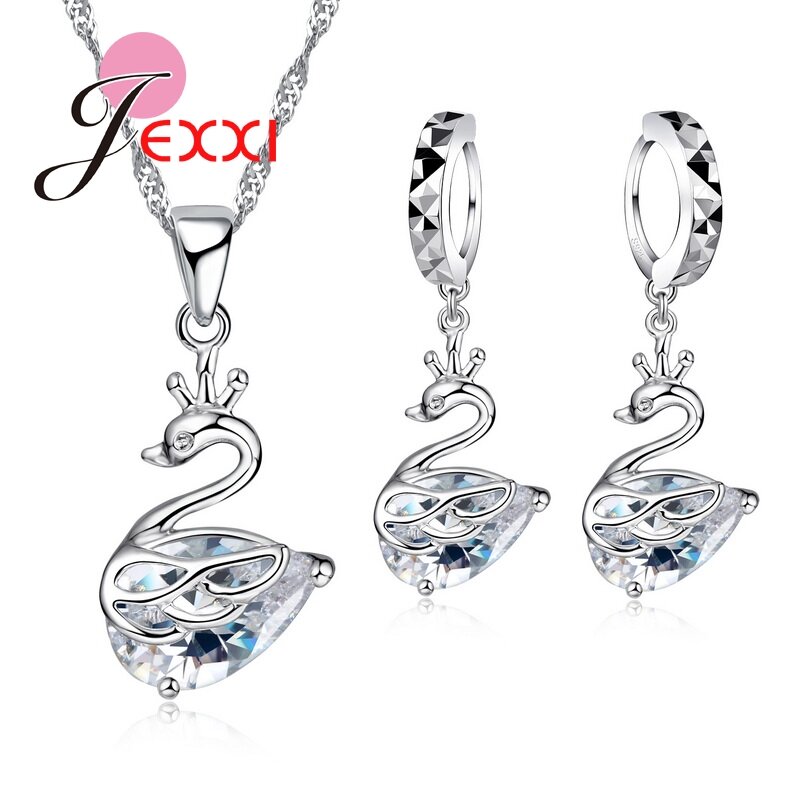 925 Sterling Silver Wedding Jewelry Sets, Cubic Zirconia Swan Colar, bonito Animal Brincos, Noiva Encantos Acessórios