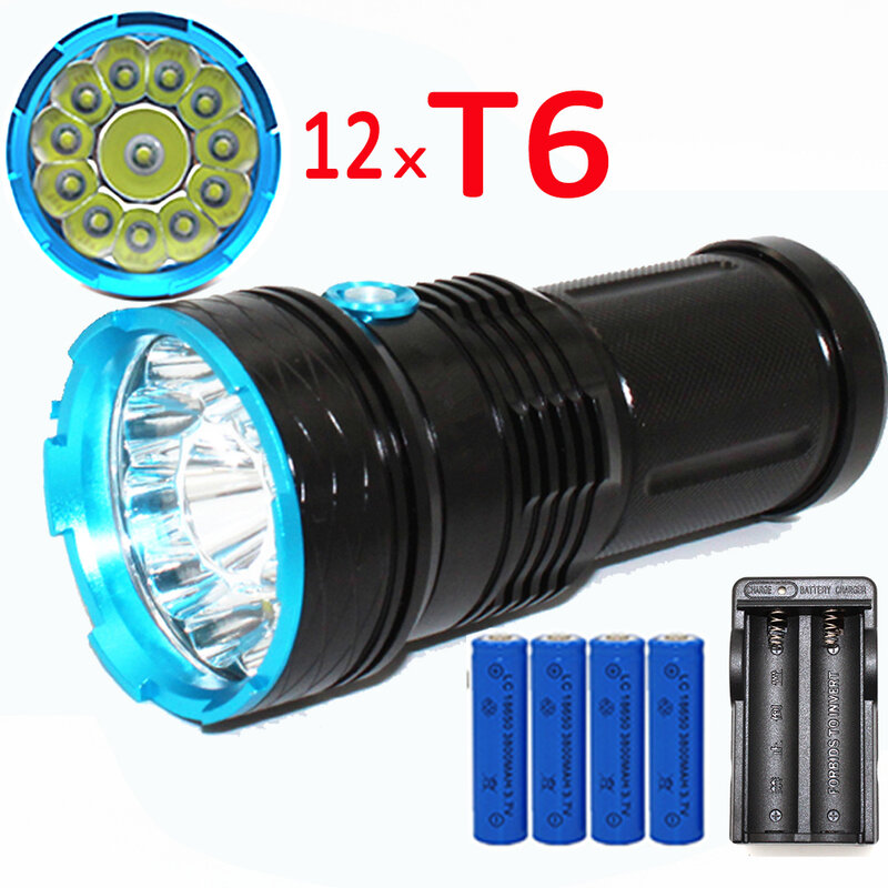 12000LM 12x T6 LED Senter XML-T6 Aluminium Obor Super Kecerahan Luar Ruangan Cahaya untuk Berkemah Berburu 4X18650 Baterai + Pengisi Daya