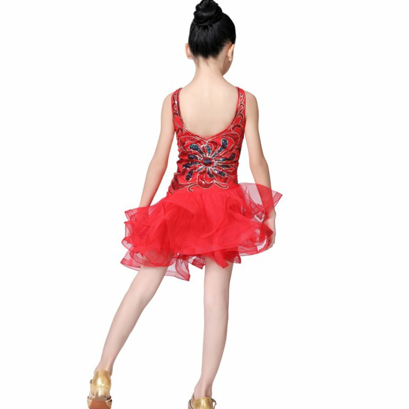 Children\'s Girl Dance Wear Dress Latin Dance Sequins Mesh Fluffy Children\'s Costumes Performance Dance