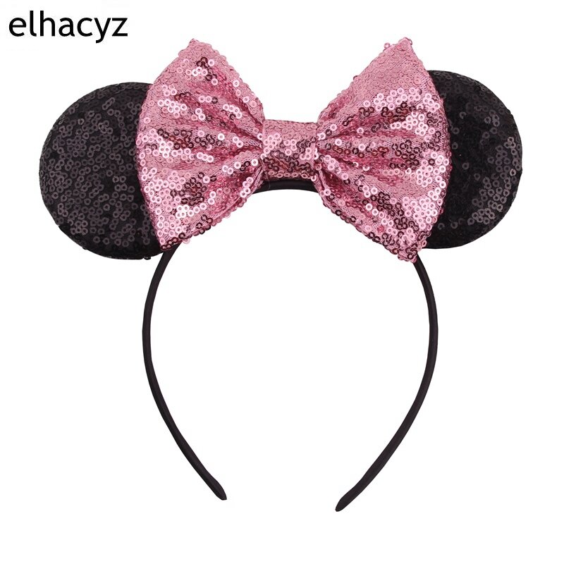 Diadema con orejas de ratón y lentejuelas para niña, accesorios para el cabello con lazo de purpurina grande de 5 pulgadas, 1 unidad