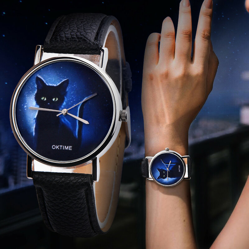 Relojes de pulsera con patrón de gato para Mujer, Reloj de cuarzo elegante, femenino