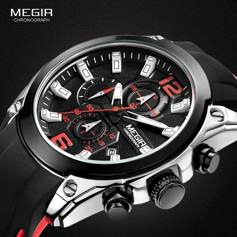 Megir relógio masculino com cronógrafo, de quartzo, marca de luxo, silicone, militar esportivo, saat 2053