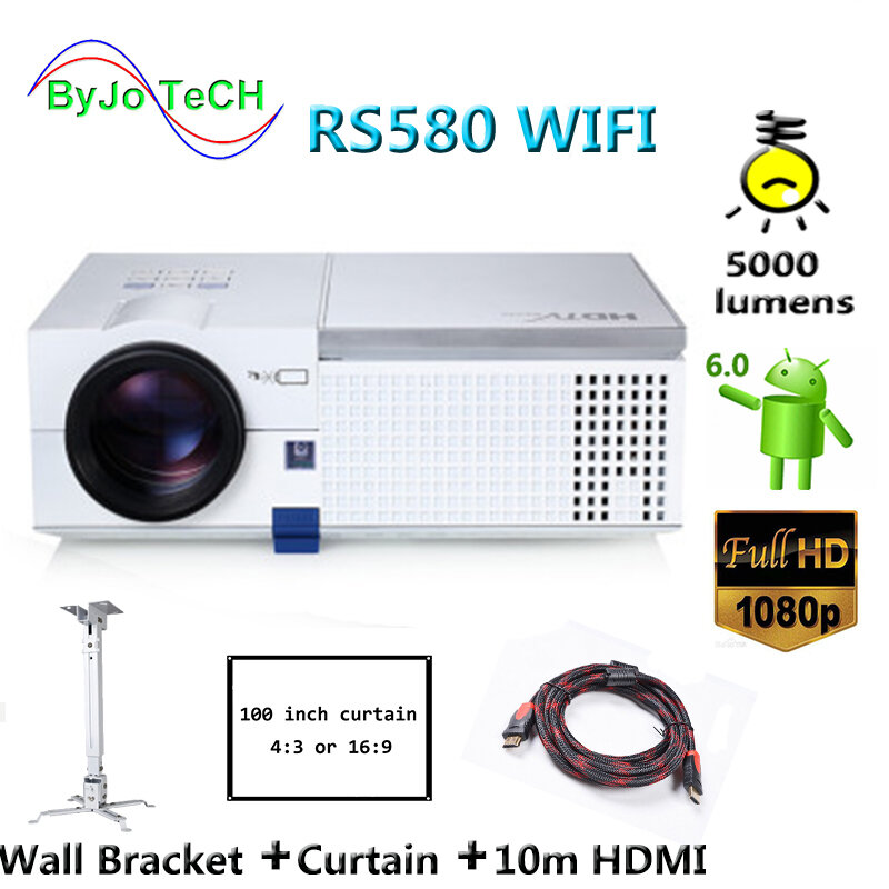 ByJoTeCH-جهاز عرض LED HD RS580 ، WIFI ، 5000 لومن ، 1080P ، Android 6.0 ، مع حامل حائط ستارة HDMI 10m