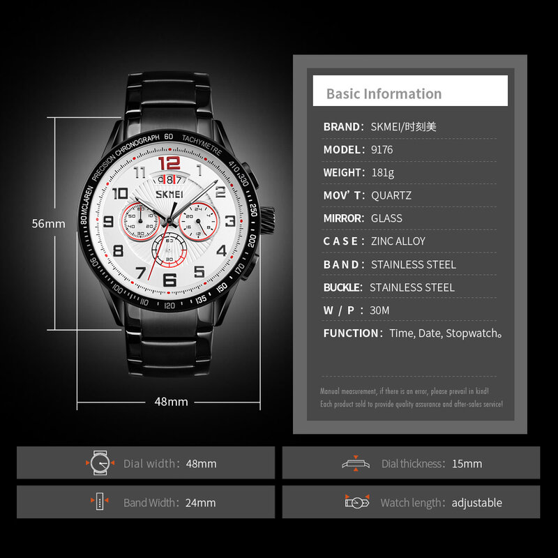 Skmei relógio masculino de quartzo 9176, relógio com calendário, visor grande, aço inoxidável de luxo, à prova d'água, personalidade