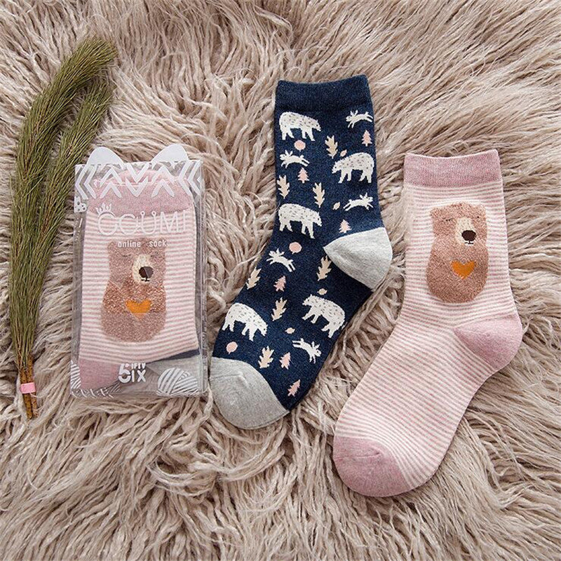 2 Pairs Korean Cartoon Woman Socks Cotton Lovely Animal Fox Bear Cute Winter Warm Socks For Girl Kawaii Funny Socks Calcetines