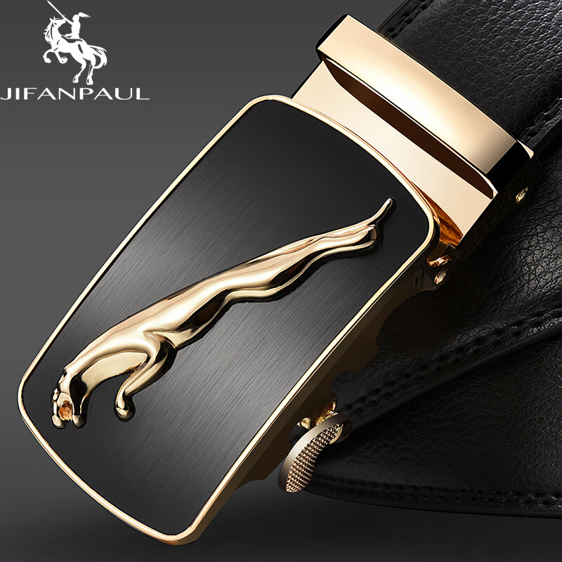 JIFANPAUL genuine leather men's simple belt fashion designer business new belt Jaguar pattern decorative alloy automatic buckle