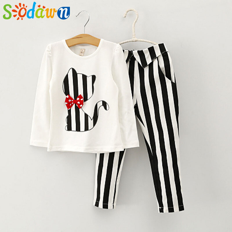 Sodawn-ropa de verano y otoño para niña, camiseta de dibujos animados de gato + traje de mallas a rayas, conjunto de ropa para niña
