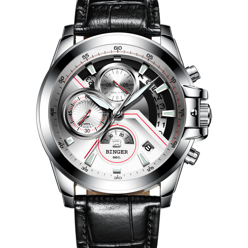 Orologio militare di fascia alta svizzera BINGER orologio al quarzo calendario da uomo cronografo zaffiro cinturino in pelle luminosa HD Montre homme