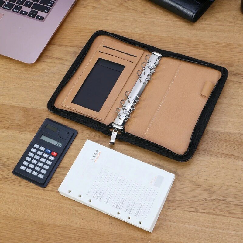 Cubierta de cuero PU A6 cuaderno con cremallera Bloc de notas de negocios de hojas sueltas con calculadora