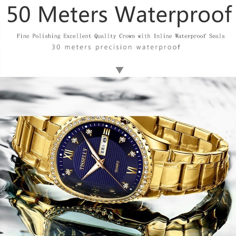 Tisselly oglądać najlepsze marki luksusowe złoty diament mężczyźni zegarki świetliste stali bransoletka Watchband data mężczyzna zegar biznes zegarek