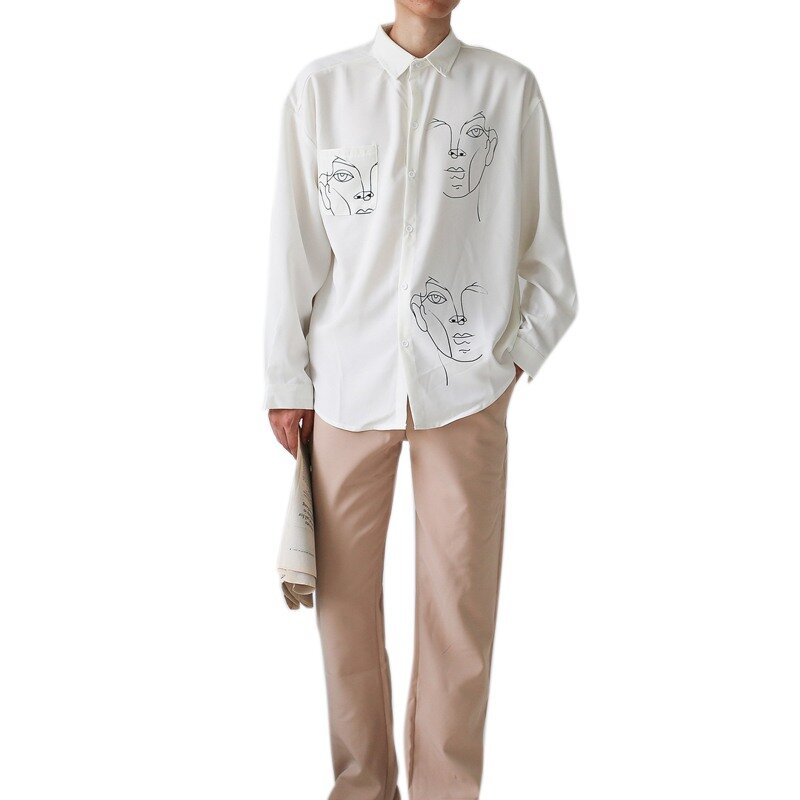 Блузка женская с принтом лица, Повседневная Свободная рубашка с длинным рукавом, винтажные топы свободного покроя в Корейском стиле BF, весн...
