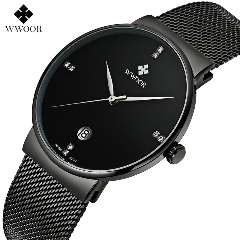 Wwwoor moda marca de luxo relógios masculinos aço inoxidável malha cinta relógio de quartzo ultra fino dial relógios masculinos à prova dwaterproof água