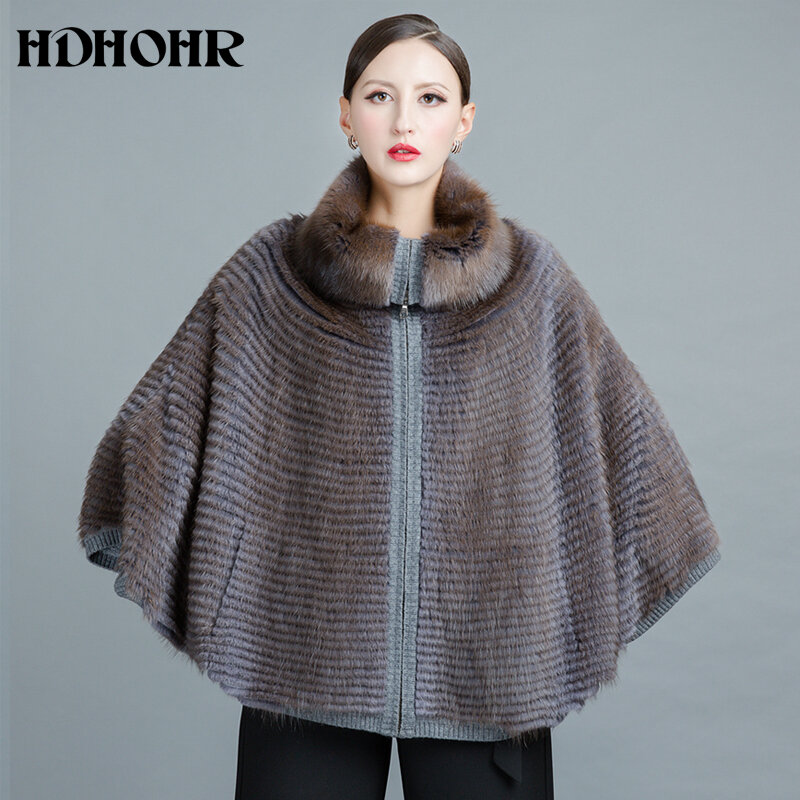HDHOHR 2022 Knitting Mink Fur Coat Women Lapel Bat Sleeves High Quality Winter Fashion Real Mink Fur Coats Large Size Fur Jacket