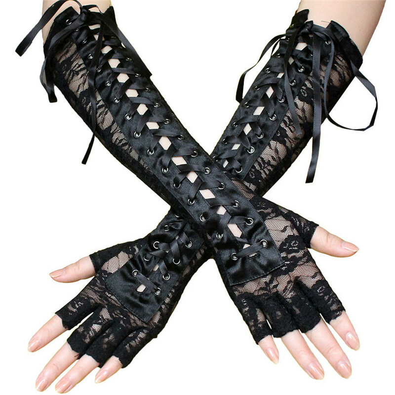 ファッション 1 ペア女性ロングレースダンスパーティー手袋セクシーな網メッシュ黒/パープル手袋夏指日焼け手袋