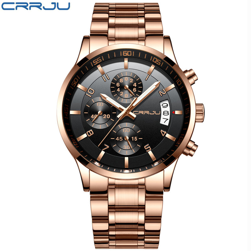 Crrju marca de moda completa aço dos homens relógio quartzo cronógrafo data relógio masculino esporte militar relógios pulso relogio masculino