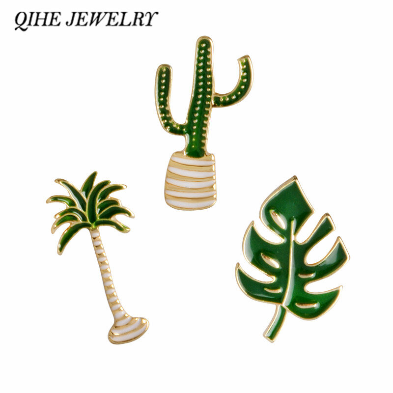 Qihe jóias cactus palmeira folhas planta árvore natural lapela pino esmalte broche colar pinos cactus presente cactus jóias