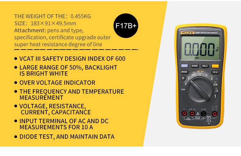 Цифровой мультиметр FLUKE 15B + 17B +, измеритель переменного/постоянного тока, напряжения и емкости, сопротивления, температуры, автоматическое/ручное измерение диапазона