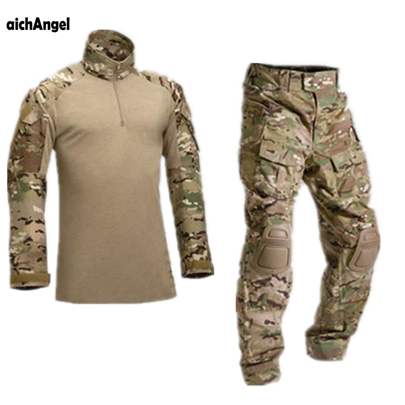 AichAngeI Taktische Tarnung Uniform Kleidung Anzug Männer UNS Armee kleidung Military Combat Shirt + Cargo Hosen Knie Pads