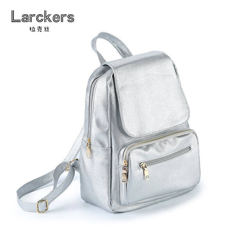 Популярный простой модный серебристый полиуретановый женский рюкзак lichee patten с мягкой металлической поверхностью серебристого цвета Однот...
